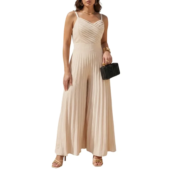 CHICME Jumpsuits for Women V Neck Spaghetti Strap Wide Leg Pleated Pants Summer Cami Overalls Apricot-L