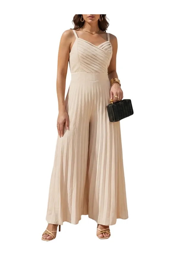 Jumpsuits for Women V Neck Spaghetti Strap Wide Leg Pleated Pants Summer Cami Overalls Apricot-XL