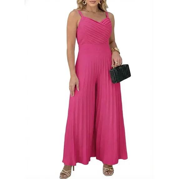 CHICME Jumpsuits for Women V Neck Spaghetti Strap Wide Leg Pleated Pants Summer Cami Overalls Hot Pink-L
