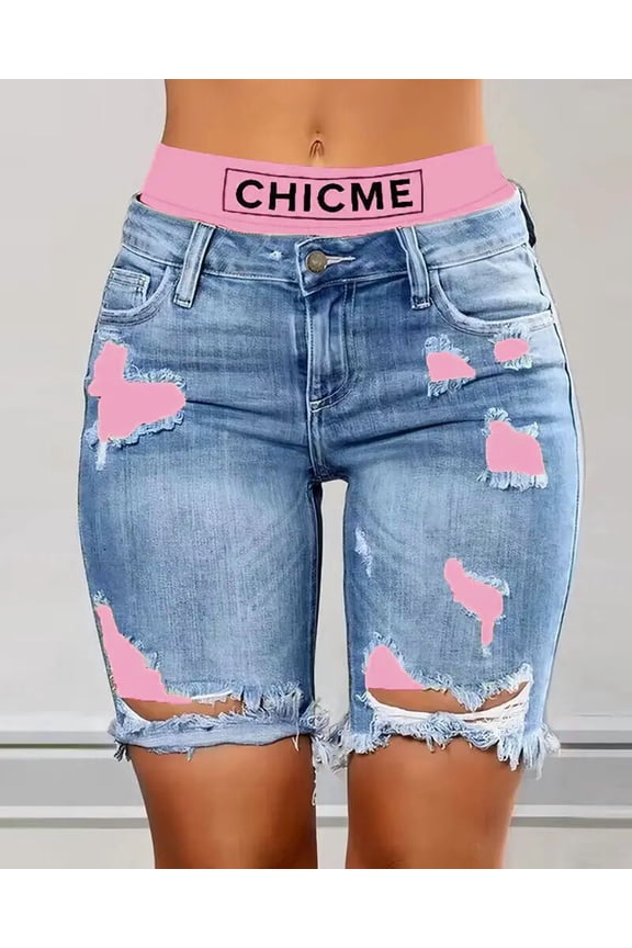 Womens 2-in-1 Jean Shorts Colorblock Print Elastic Workout Yoga Liner with Ripped Denim Shorts for Women Trendy Casual Running Pink-M
