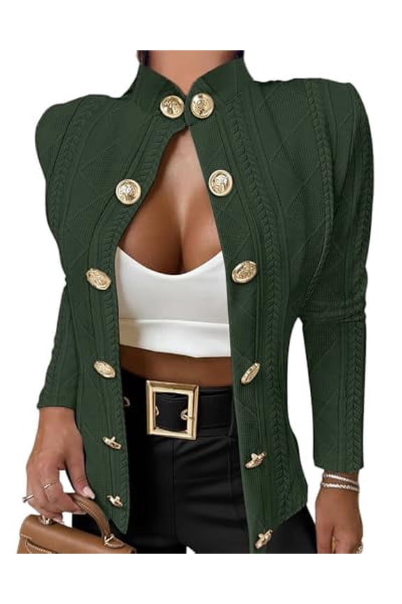 Womens Argyle Cable Cardigans Stand Collar Long Sleeve Metal Button Front Casual Lightweight Cardigan for Women Green-L