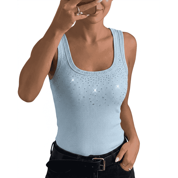 ChicMe Tank Tops For Women Rhinestone Solid Color Sleeveless Ribbed Fitted Camisole Summer Top Going Out Vest Lighted Blue-M