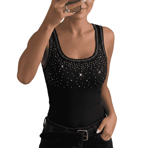 ChicMe Tank Tops For Women Rhinestone Solid Color Sleeveless Ribbed Fitted Camisole Summer Top Going Out Vest Black-S