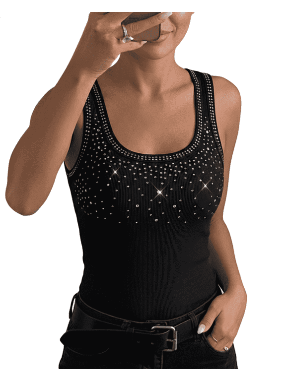 Tank Tops For Women Rhinestone Solid Color Sleeveless Ribbed Fitted Camisole Summer Top Going Out Vest Black-M