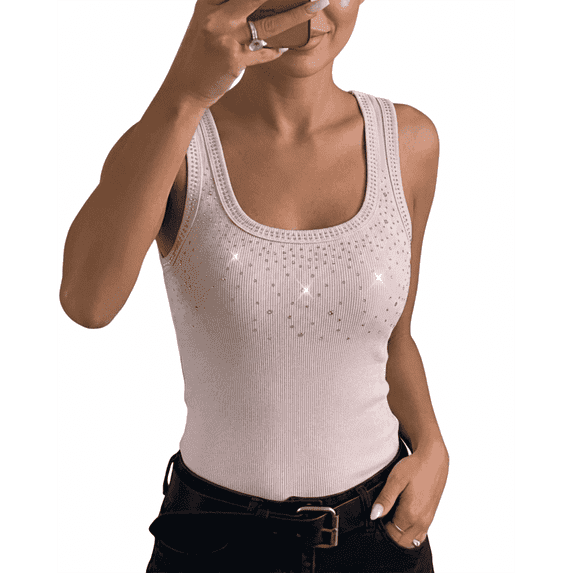 CHICME Tank Tops For Women Rhinestone Solid Color Sleeveless Ribbed Fitted Camisole Summer Top Going Out Vest Pink-M