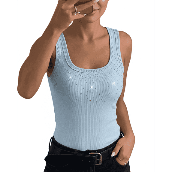 CHICME Tank Tops For Women Rhinestone Solid Color Sleeveless Ribbed Fitted Camisole Summer Top Going Out Vest Lighted Blue-M