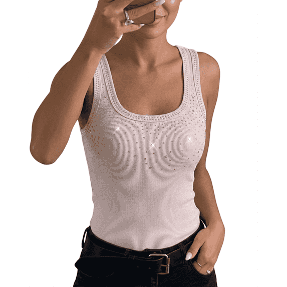 ChicMe Tank Tops For Women Rhinestone Solid Color Sleeveless Ribbed Fitted Camisole Summer Top Going Out Vest Pink-M