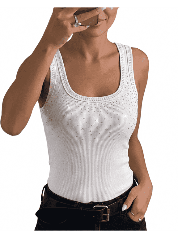 Tank Tops For Women Rhinestone Solid Color Sleeveless Ribbed Fitted Camisole Summer Top Going Out Vest White-L