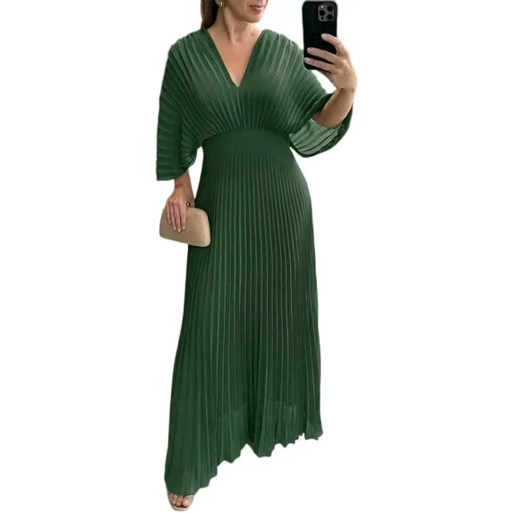 CHICME Dresses for Women Pleated Deep V-Neck Batwing Sleeve Backless Tied High Waist Slim Zipper Maxi Dress Green-S