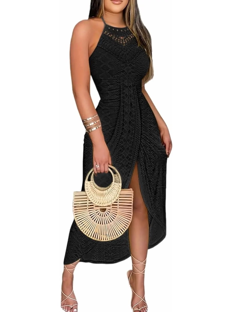 casual dresses for large women SCOMCHIC Women's Plus Size Summer Short Sleeve Maxi Dress Beige weekend outings CLOTHINGA2026 Romantic Boho Lace Plus Dress's Color:64#-Blue