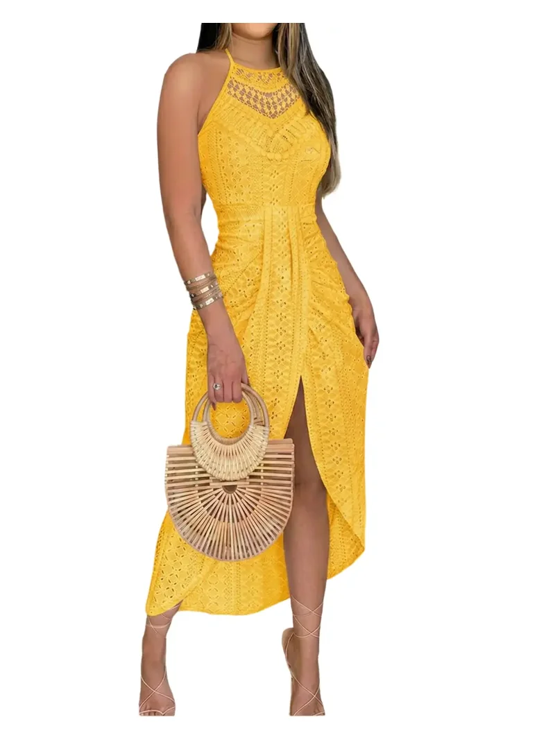 chicme dress Halter Hollow-out A Line Sleeveless Front Slit Ruched Maxi Vacation Dress Red M by The fabric provides stretch and a soft Chicme Floral Dress Review |