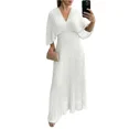 thumbnail image 1 of CHICME Dresses for Women Pleated Deep V-Neck Batwing Sleeve Backless Tied High Waist Slim Zipper Maxi Dress White-S, 1 of 8