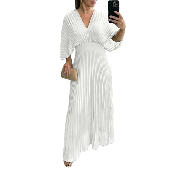 CHICME Dresses for Women Pleated Deep V-Neck Batwing Sleeve Backless Tied High Waist Slim Zipper Maxi Dress White-S