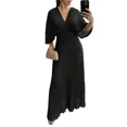 thumbnail image 1 of CHICME Dresses for Women Pleated Deep V-Neck Batwing Sleeve Backless Tied High Waist Slim Zipper Maxi Dress Black-S, 1 of 9