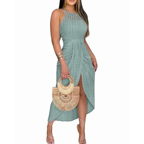 CHICME Womens Dresses Sleeveless Keyhole Back Hollow Out A Line with Eyelet Embroidery & Side Slit Casual Dresses Green-M