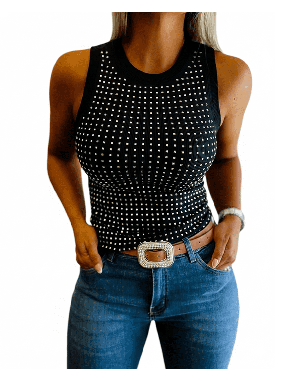 Rhinestone Tank Tops For Women Solid Color Ribbed Crew Neck Sleeveless Basic Vest Slim Fit Party Y2K Womens Sparkly Top Black-L
