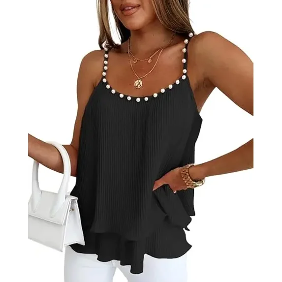 CHICME Tank Tops For Women Summer Solid Color Spaghetti Strap Double Layers Pleated Loose Casual Chiffon Camisole With Beaded Vest Black-S