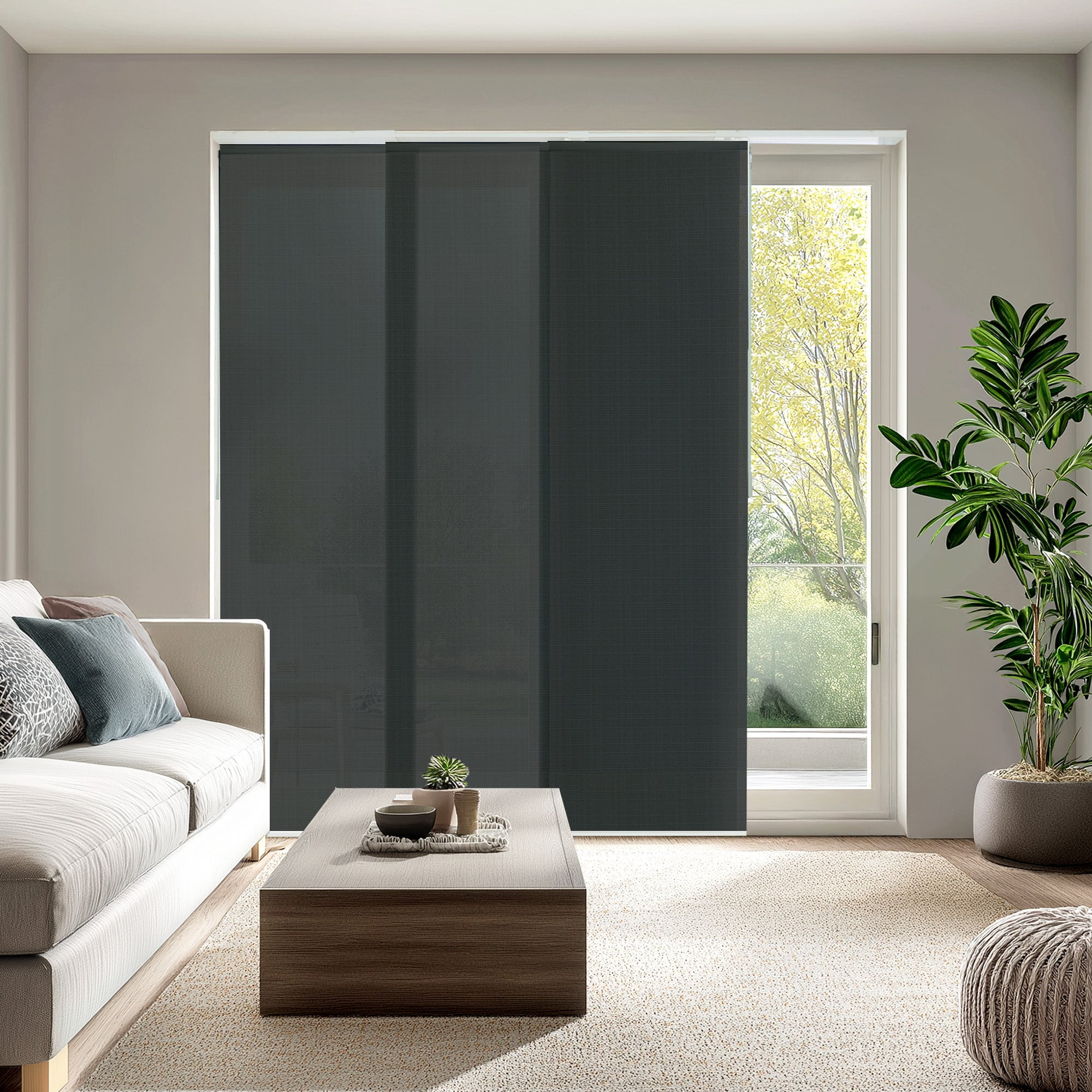 Chicology Adjustable Sliding Panel Blinds. Ballroom Grey, 46"-86"W X 0"-96"H