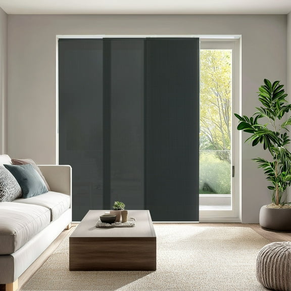 Chicology Adjustable Sliding Panel Blinds. Ballroom Grey, 46"-86"W X 0"-96"H