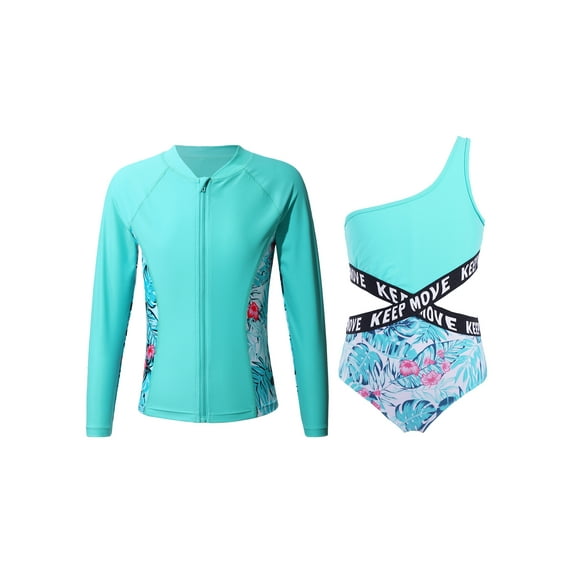 CHICTRY 2Pcs Girls Printed Swimwear Long Sleeve Tops Rash Guard with Single Shoulder Swimsuit for Pool Beach Swimming Zipper Leaf 14