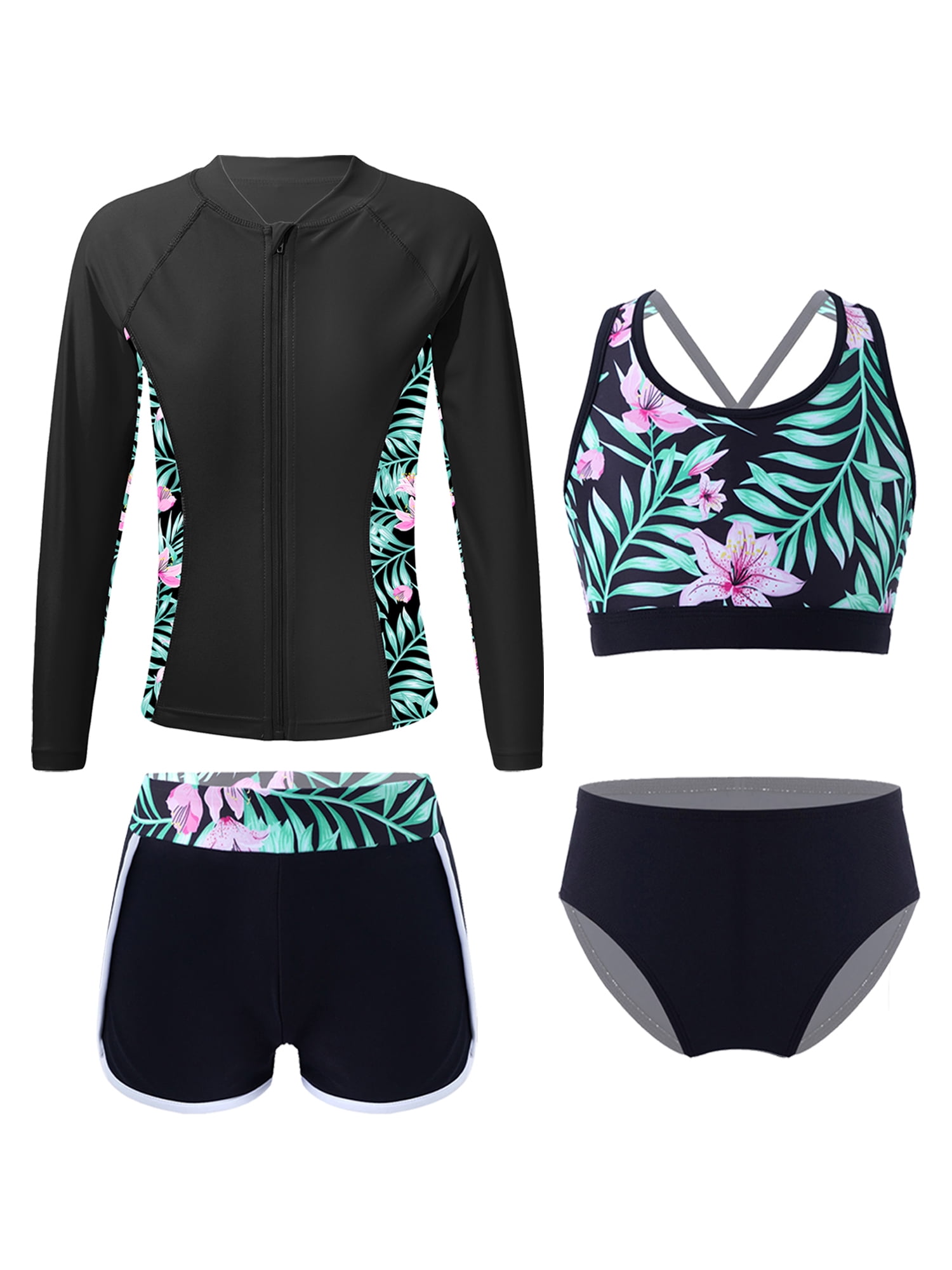 CHICTRY 4Pcs Girls Swimsuit Long Sleeve Rash Guard Swimming Set Shirt ...