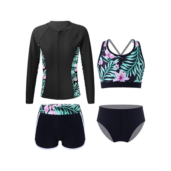 CHICTRY 4Pcs Girls Swimsuit Long Sleeve Rash Guard Swimming Set Shirt +Crop Tank Top+ Briefs +Shorts Bathing Suit Black 6