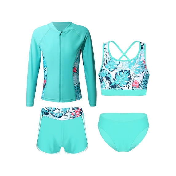 CHICTRY 4Pcs Girls Swimsuit Long Sleeve Rash Guard Swimming Set Shirt +Crop Tank Top+ Briefs +Shorts Bathing Suit Light Green 6
