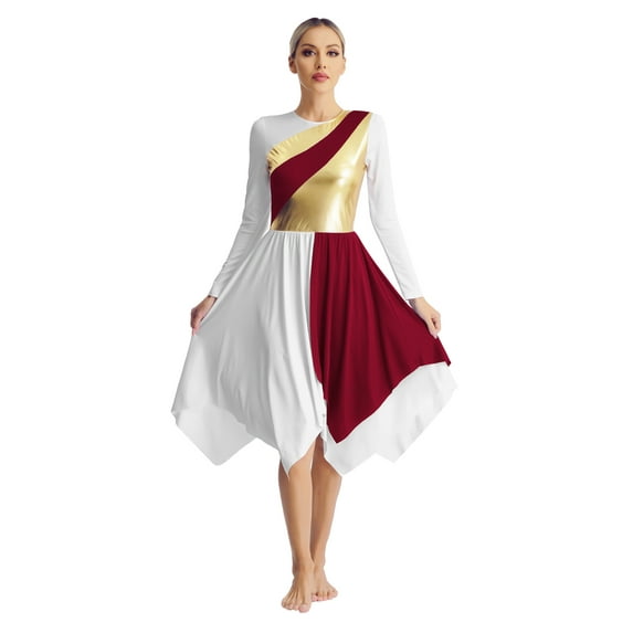 CHICTRY Adult Praise Dance Dress Long Sleeve Metallic Color Block Worship Dancewear Burgundy&White XXL