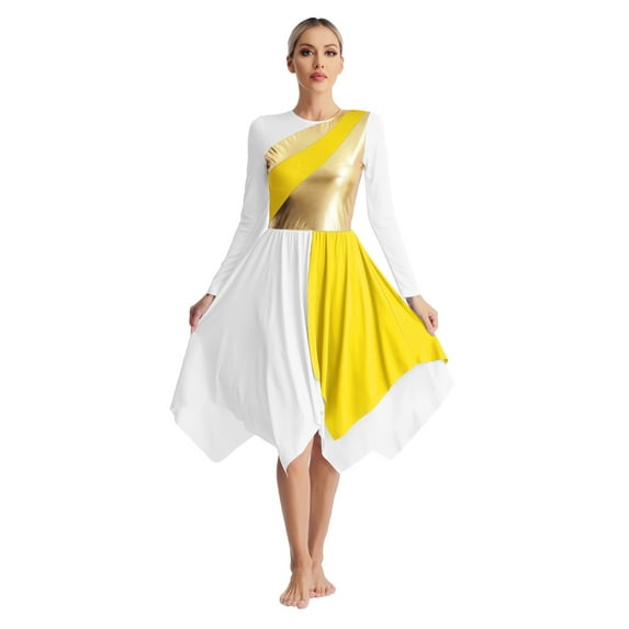 CHICTRY Adult Praise Dance Dress Long Sleeve Metallic Color Block Worship Dancewear Yellow M