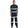 thumbnail image 1 of CHICTRY Adults Firefighter Fireman Outfits Short Sleeve Zip Up Overall with Reflective Strip Hat Navy Blue 190, 1 of 5
