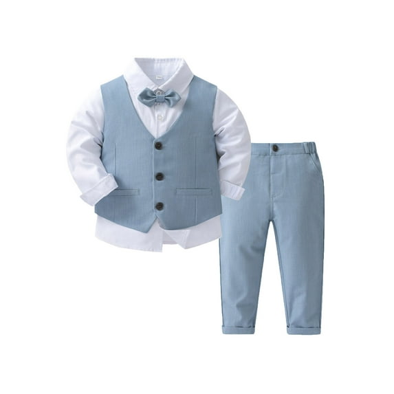 CHICTRY Baby Boys 4 Piece Formal Suit Gentlemen Outfit Bow Tie +Shirt +Tuxedo Vest +Pants Set Wedding Party Suit A Light Blue 12-18 Months