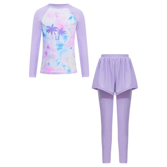 CHICTRY Big Girls UPF 50+ Swimsuit Tie-dye Padded Swim Top with Skirt Hem Pants Bathing Suit Beachwear Purple 8-9