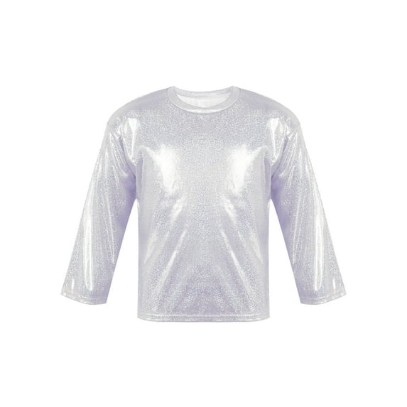 CHICTRY Big & Little Girls Metallic Holographic T-Shirt Long Sleeve Loose Shirt Blouse for Dance Performance A Silver 12-14