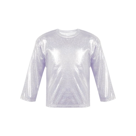 CHICTRY Big & Little Girls Metallic Holographic T-Shirt Long Sleeve Loose Shirt Blouse for Dance Performance A Silver 5-6