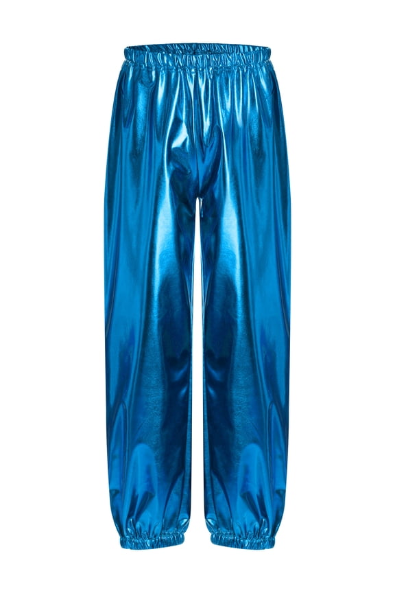 Boys Girls Shiny Metallic Dance Pants for Kids Festival Party Disco Loose Harem Trousers Light Blue 130