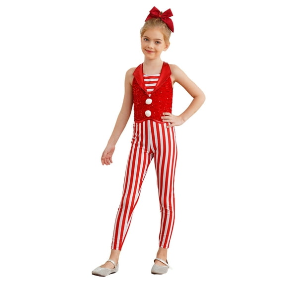 CHICTRY Christmas Jumpsuit for Girls Stage Performance Candy Cane Striped Sequins Dance Overalls Red 14