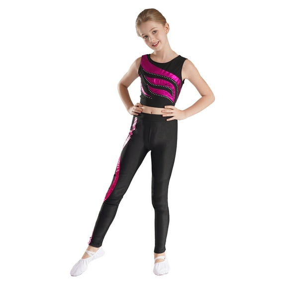 CHICTRY Girls 2 Piece Activewear Tank Crop Top with Leggings Dance Outfit Yoga Workout Gym Suit Rose 10