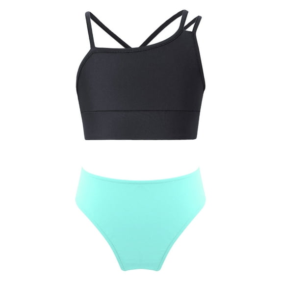 CHICTRY Girls 2-Piece Swimsuit Crop Top with Bikini Briefs Bathing Suit Beach Wear Black&Light Blue Green 8