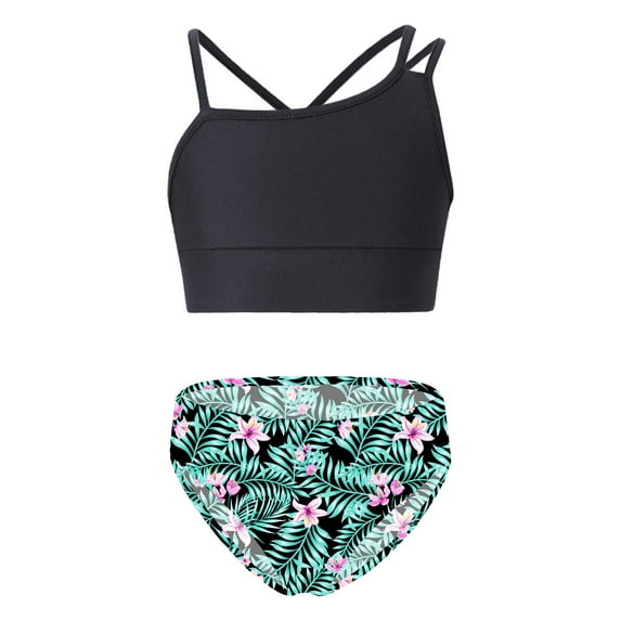 CHICTRY Girls 2-Piece Swimsuit Crop Top with Bikini Briefs Bathing Suit Beach Wear Black&Lily 10