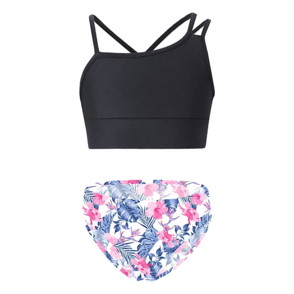 CHICTRY Girls 2-Piece Swimsuit Crop Top with Bikini Briefs Bathing Suit Beach Wear Black&White Flowers 10