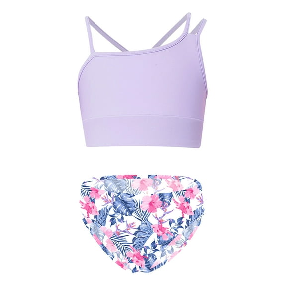 CHICTRY Girls 2-Piece Swimsuit Crop Top with Bikini Briefs Bathing Suit Beach Wear Lavender&White Flowers 10