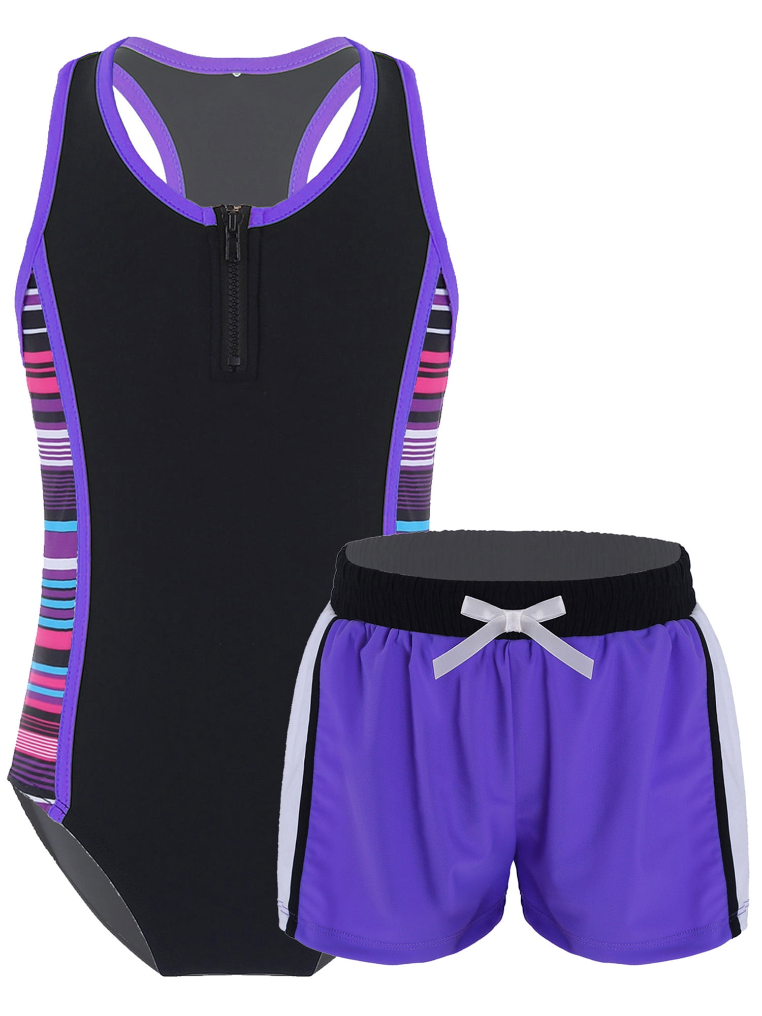 CHICTRY Girls 2-pc Printed Swimsuit Swimming Jumpsuit with Shorts Beachwear Purple 10
