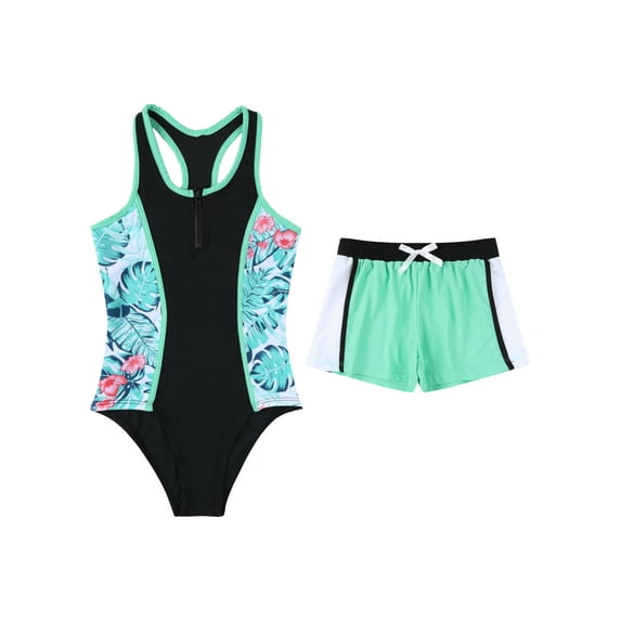 CHICTRY Girls 2-pc Printed Swimsuit Swimming Jumpsuit with Shorts Beachwear Tropical Palm 12