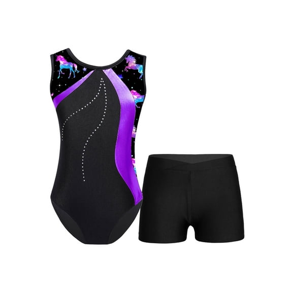 CHICTRY Girls 2Pcs Gymnastics Suit Outfit Sleeveless Cartoon Print Leotard with Booty Shorts,Sizes 3-14