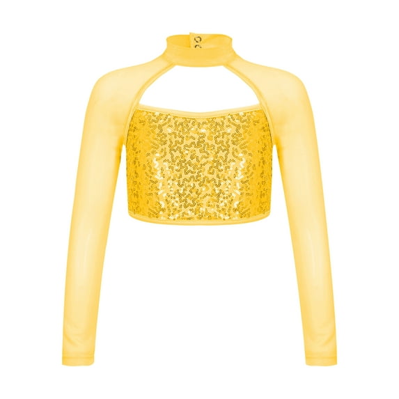 CHICTRY Girls 2Pcs Long Sleeve Dance Outfit Shiny Sequins Cutout Crop Top with Metallic Leggings for Dance Performance Gold-A 8