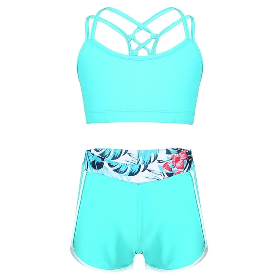 CHICTRY Girls 2Pcs Swimsuit Strappy Back Crop Top with Shorts Bathing Suit for Holiday Pool Swimming Lake Green 10
