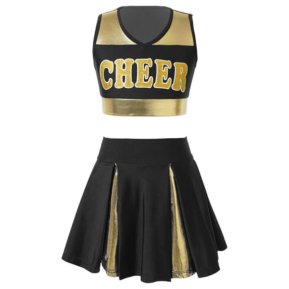 CHICTRY Girls 2pcs Cheer Leading Dance Outfit V Neck Top with Pleated Skirt Dance Clothes Black 6
