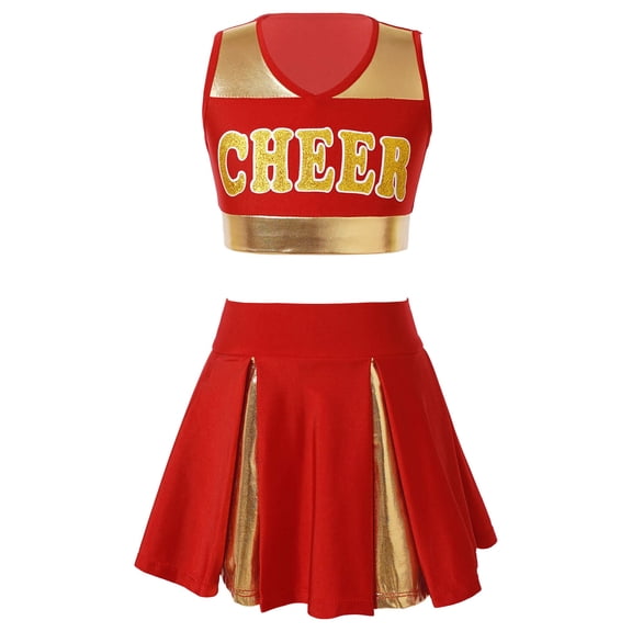 CHICTRY Girls 2pcs Cheer Leading Dance Outfit V Neck Top with Pleated Skirt Dance Clothes Red 12