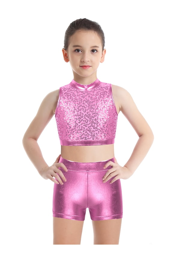 Girls 2pcs Shiny Sequins Ballet Dance Outfit Set Jazz Hip Hop Dance Costume Pink 14