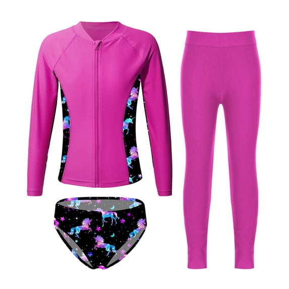 CHICTRY Girls 3 Pcs Rash Guard Sets Upf 50+ Swim Coat Shirts Brief with Leggings Athletic Swimsuits Hot Pink 8